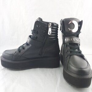 Killstar Shoes Luna High Top Trainers Black Leather Moon Size 5 Zip Sides
